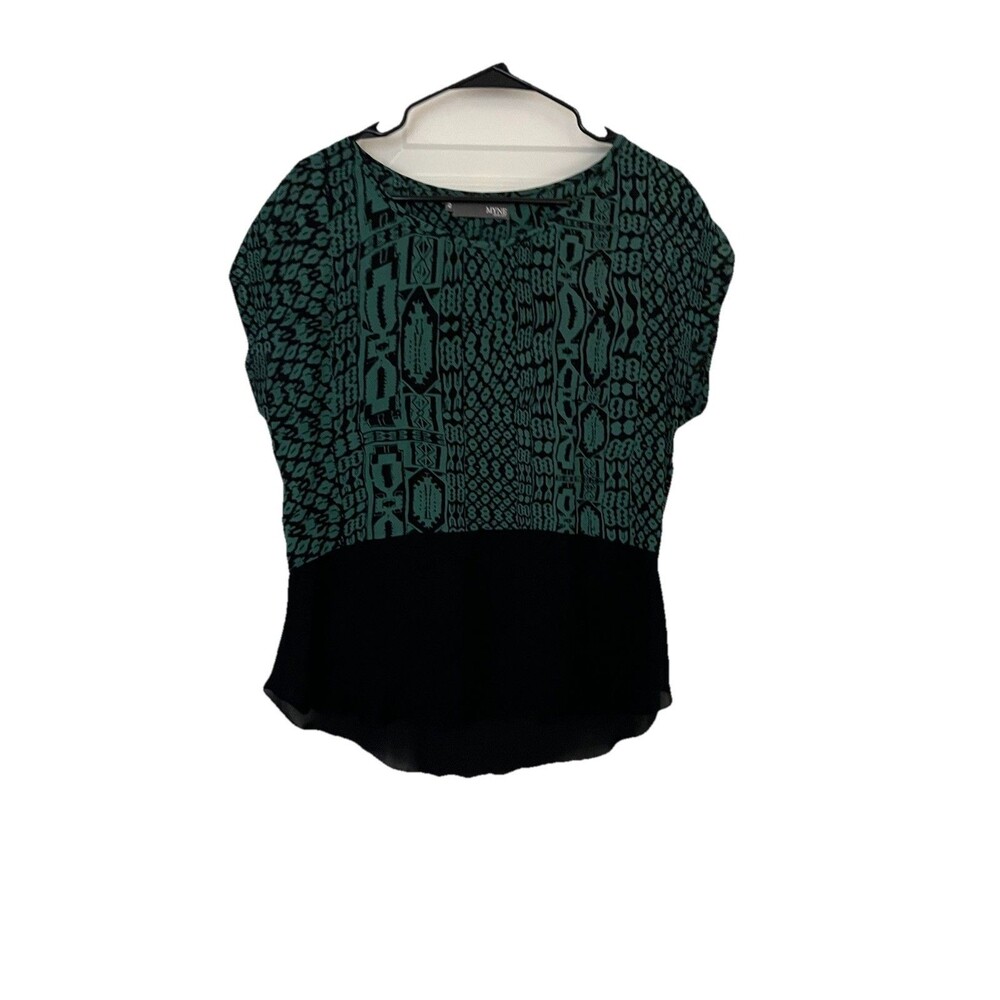 Myne Anthropologie Silk Blouse Size 2 Green Black Geo Print Color Block